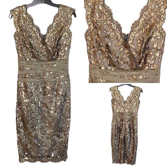 Tadashi Shoji Lace Gold Sequin Overlay Taupe Smoked Pearl Cocktail Dress Sz 2 - Picture 2 of 16